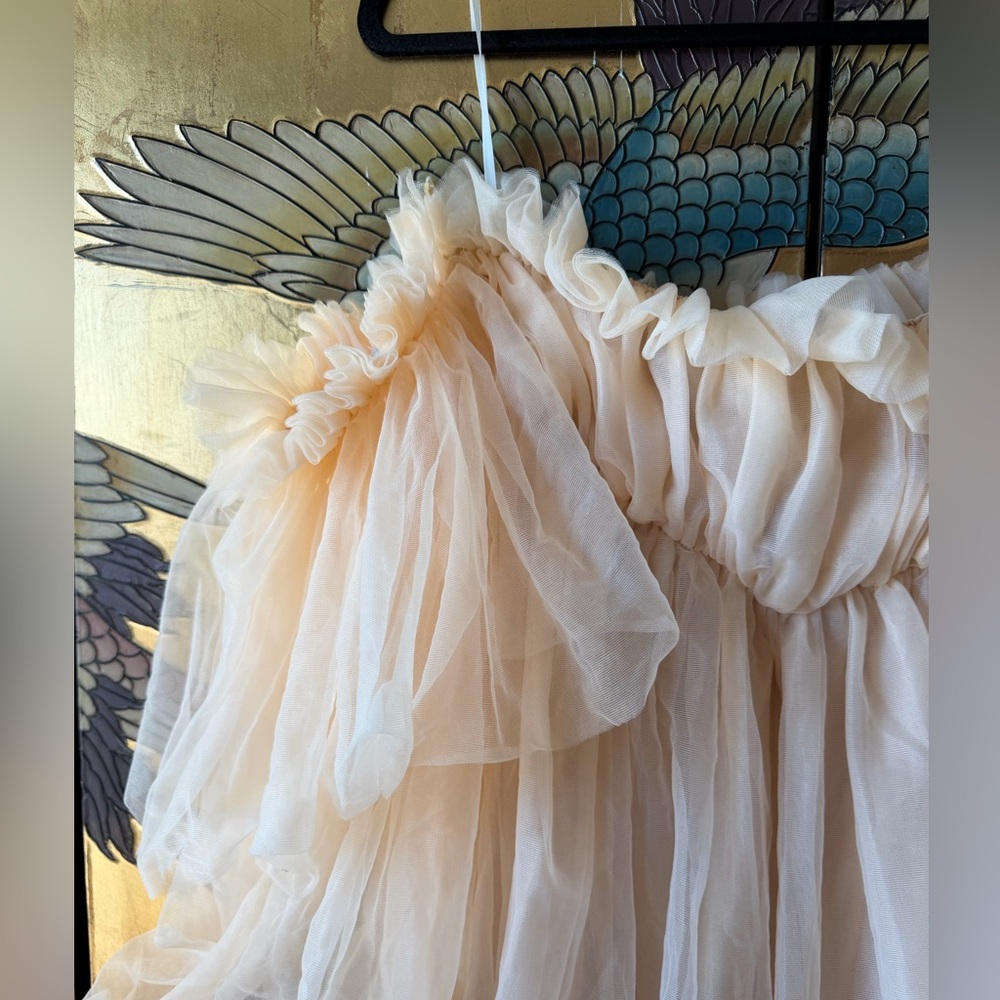 NEW Whimsical Tulle Babydoll Cream Mini Dress - Off-Shoulder,Flare Sleeve - M - Picture 4 of 6